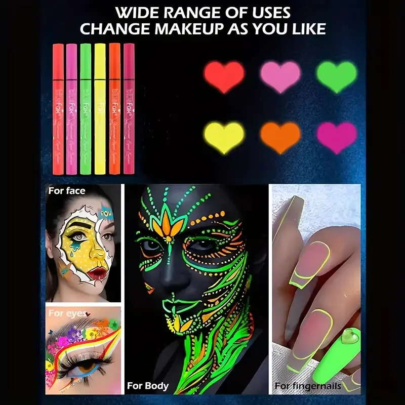 6pcs Glow UV Reactive Glow in the Dark Face and Body Paint Set, Neon Liquid Eyeliner, Mixing Color for Masquerade,Music Festival