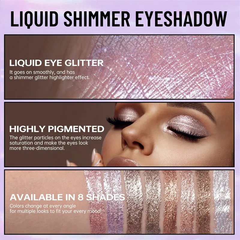 8 Colors Pearlescent Liquid Eyeshadow Fine Shimmer Highlight Glitter Eye Shadow High Shine Long-Lasting & Smudge-Proof Makeup