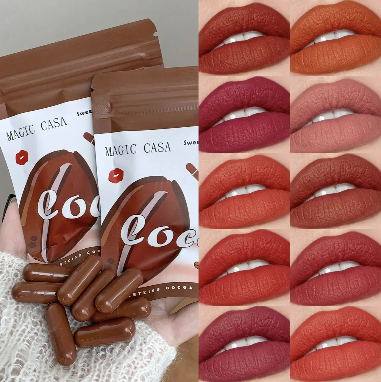 10Pcs Chocolate Mini Lipstick Set,Long-Lasting Matte Velvet Lipstick,Creamy Texture,Non-sticky Cup Design for all Skin Types