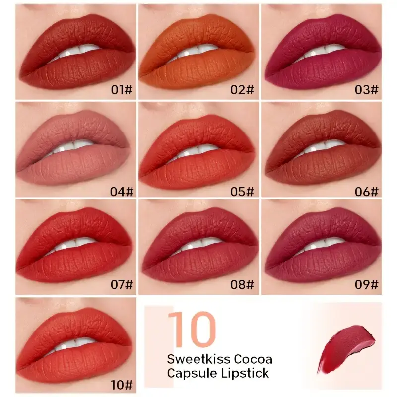 10Pcs Chocolate Mini Lipstick Set,Long-Lasting Matte Velvet Lipstick,Creamy Texture,Non-sticky Cup Design for all Skin Types
