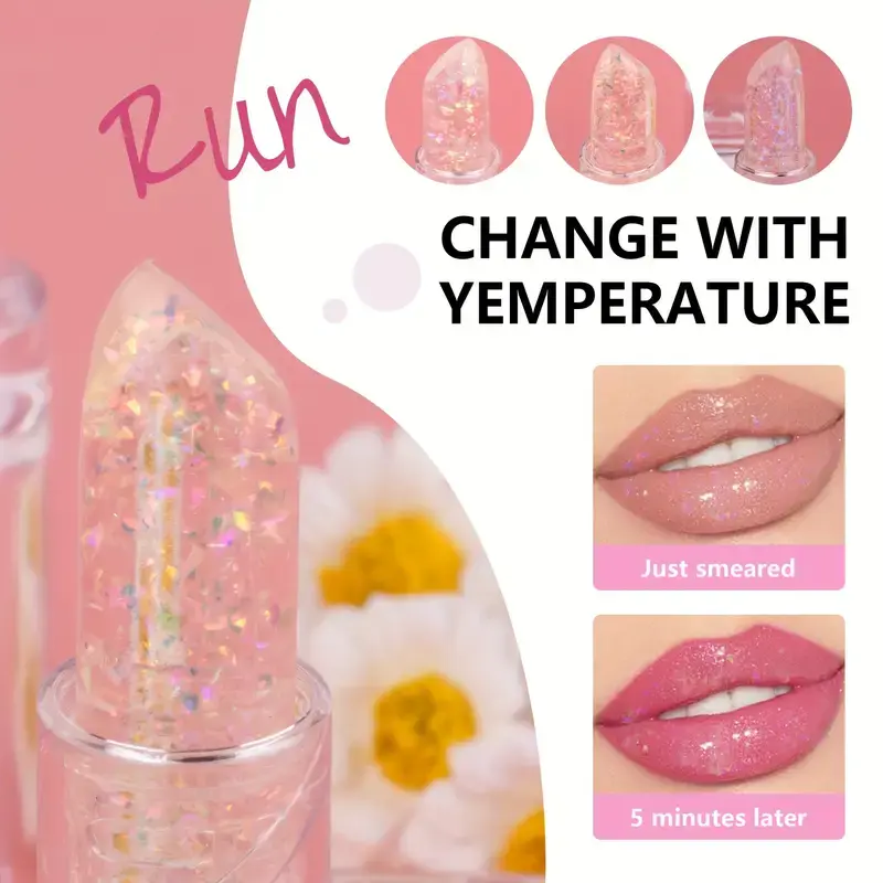 3Color Glitter Color-Changing Lip Balm,Anti-Drying and Long-Lasting Moisturizing Lip Oil, Moisturizing Jelly Lipstick Makeup