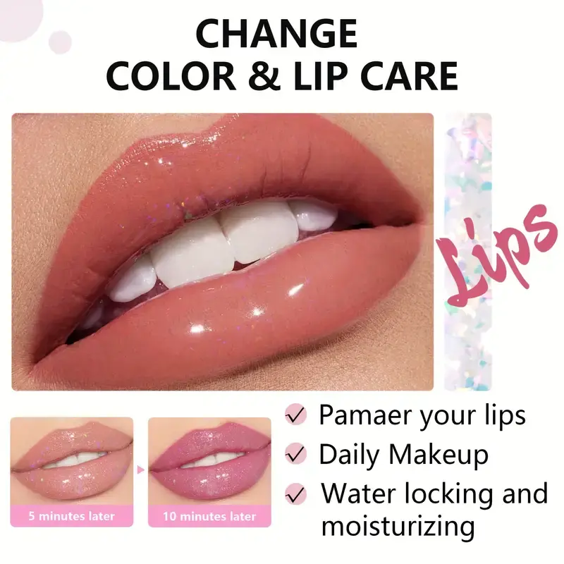 3Color Glitter Color-Changing Lip Balm,Anti-Drying and Long-Lasting Moisturizing Lip Oil, Moisturizing Jelly Lipstick Makeup