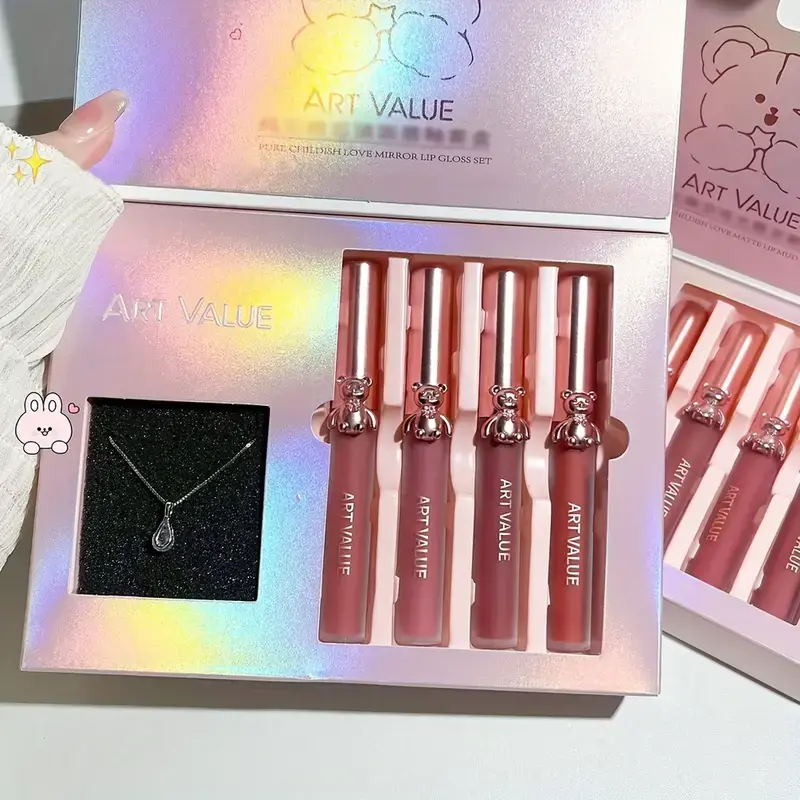Cute Bear Lip Mud Necklace Set Gift Box,Matte Mirror Lipstick Non-Stick Cup,Ideal Jewelry and Makeup Set,Birthday Gift for Girls
