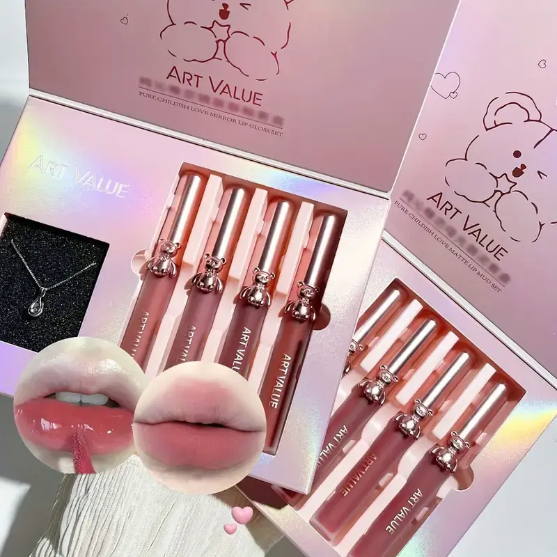 Cute Bear Lip Mud Necklace Set Gift Box,Matte Mirror Lipstick Non-Stick Cup,Ideal Jewelry and Makeup Set,Birthday Gift for Girls