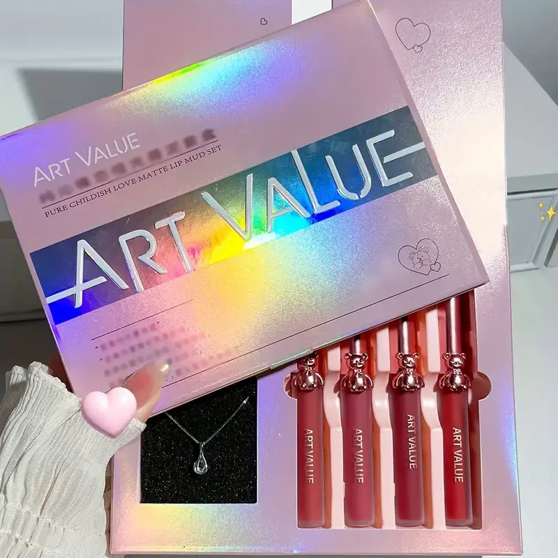 Cute Bear Lip Mud Necklace Set Gift Box,Matte Mirror Lipstick Non-Stick Cup,Ideal Jewelry and Makeup Set,Birthday Gift for Girls