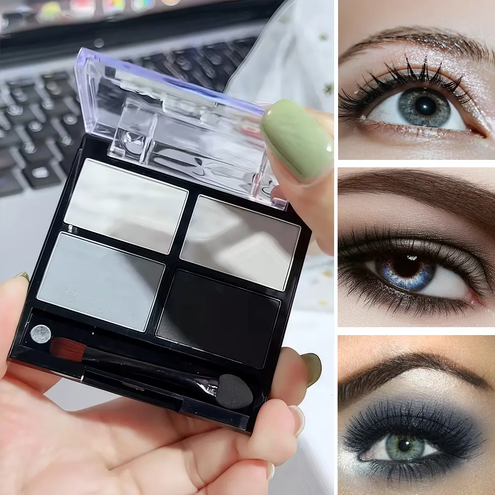 4Color Eyeshadow Palette Gray Black Smoky Makeup Matte Pearlescent Silkworm Brightening Base Eyes Primer Powder With Application