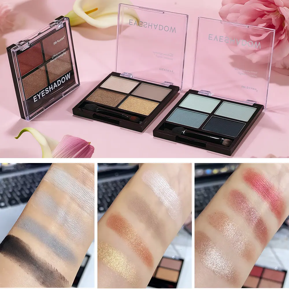 4Color Eyeshadow Palette Gray Black Smoky Makeup Matte Pearlescent Silkworm Brightening Base Eyes Primer Powder With Application