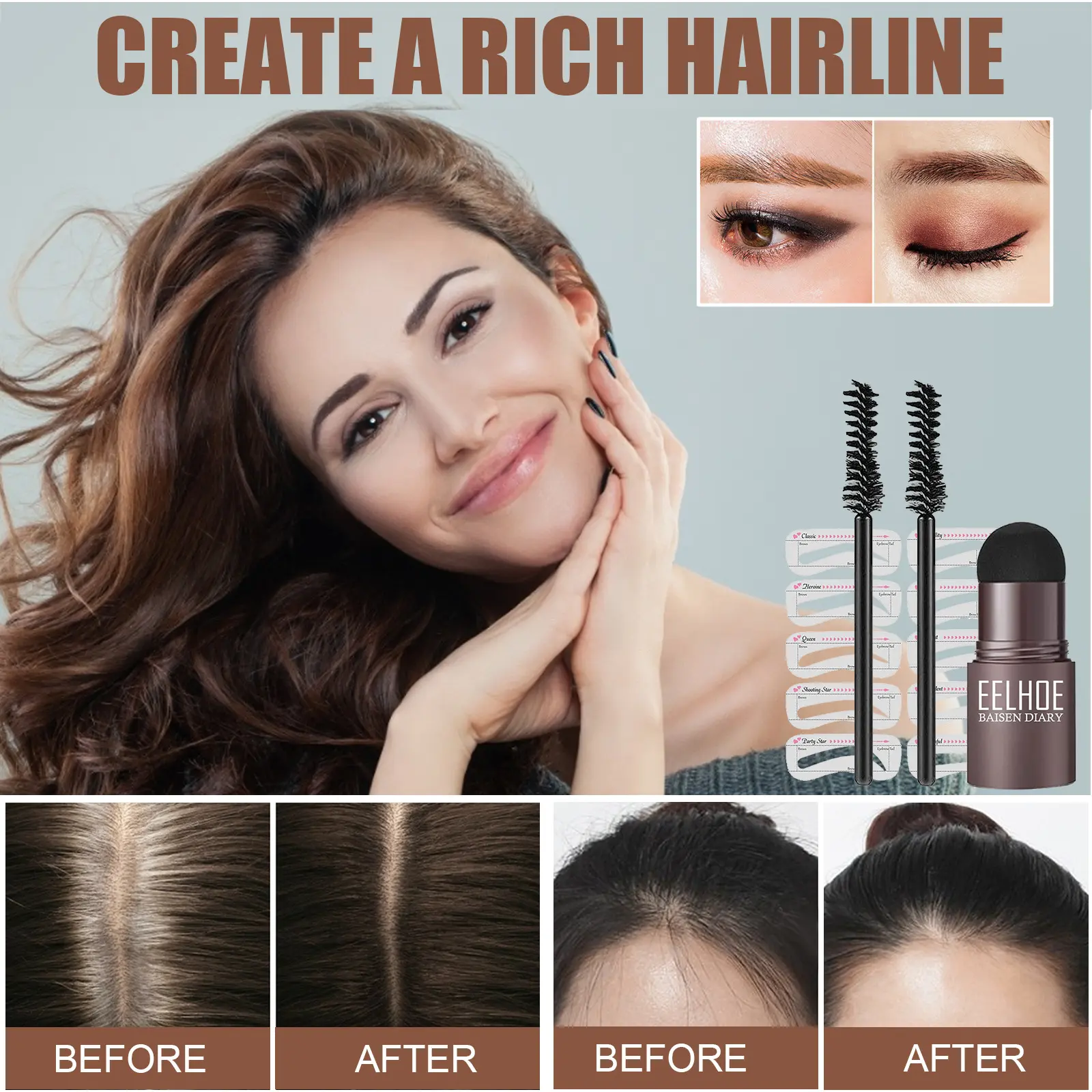EELHOE One Step Eyebrow Stamp Shaping Kit Professional Fast Eye Brow Makeup Shape Waterproof Hairline Stick Eyebrow Brushes Set