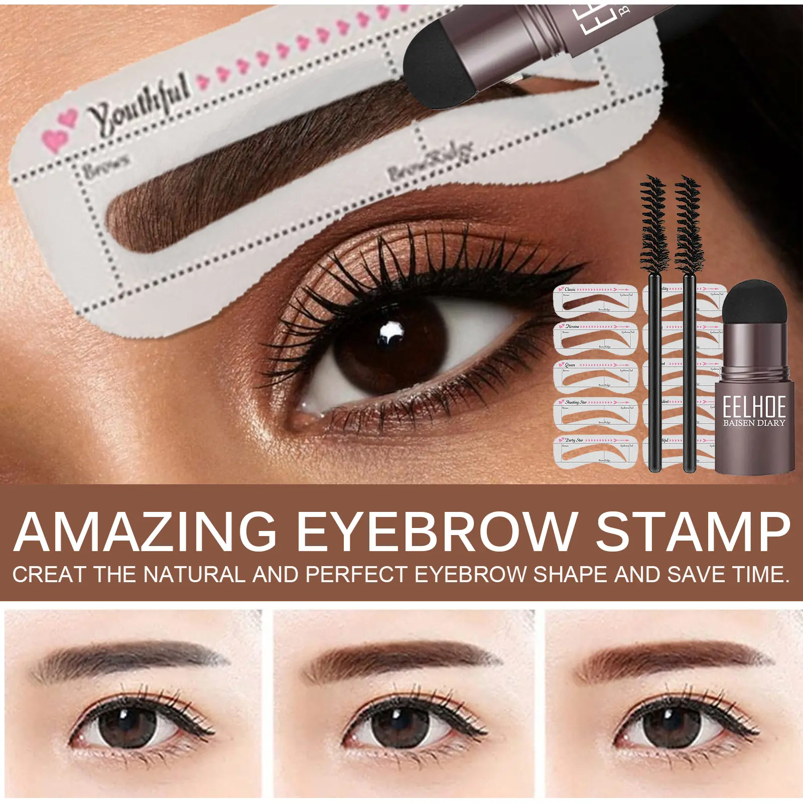EELHOE One Step Eyebrow Stamp Shaping Kit Professional Fast Eye Brow Makeup Shape Waterproof Hairline Stick Eyebrow Brushes Set