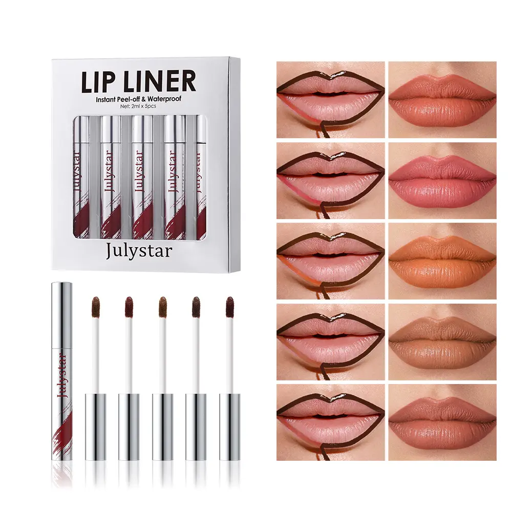 5pcs Peel Off Lip Liner Pen Set, Long-lasting Waterproof & Smudge-proof Peel Off Lip Liner Stain,Peel Off Lipstick Natural Lip