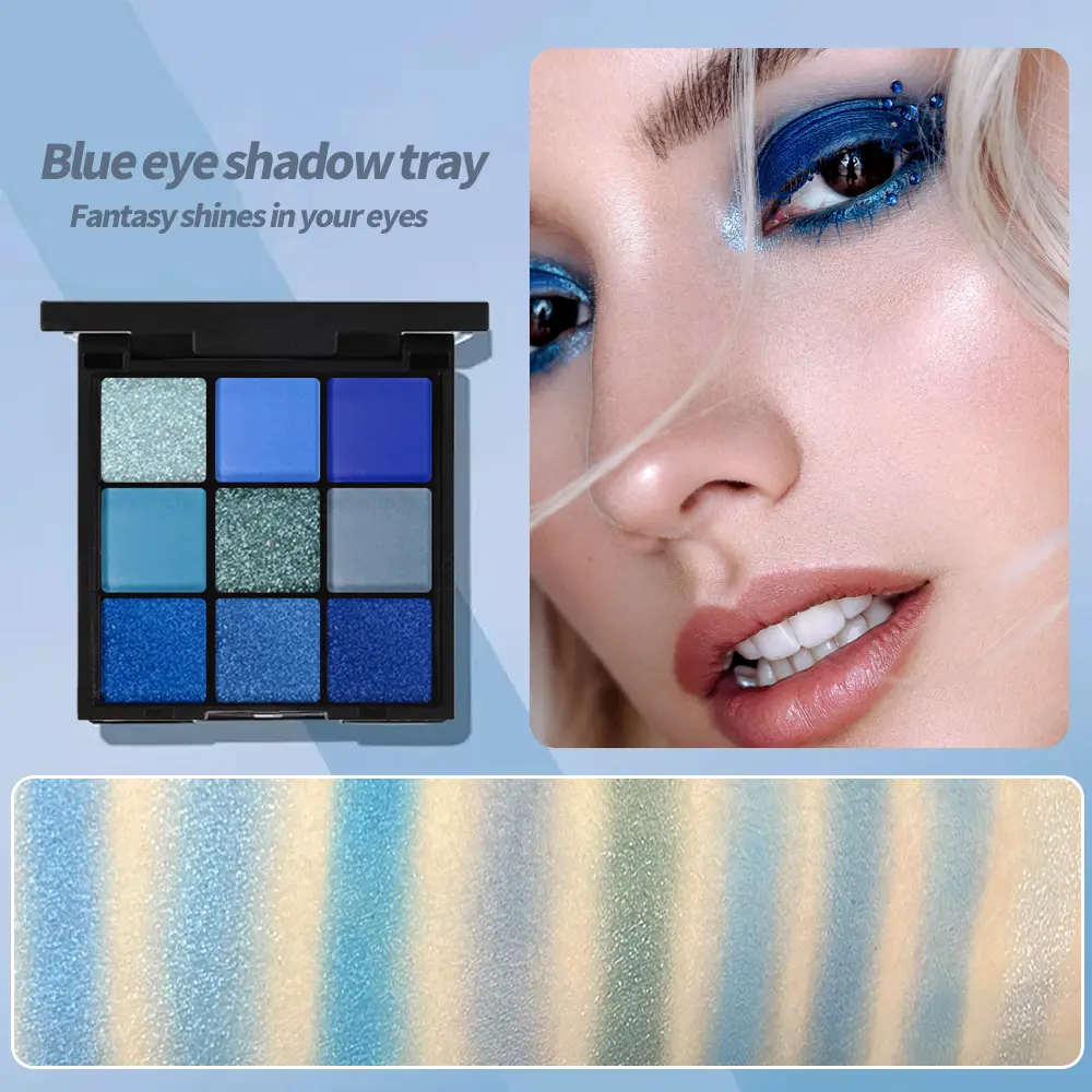 9 Color Eyeshadow Palette Blue Waterproof Sweatproof Blue Matte Pearl Glitter Finish Performance Stage Makeup Music Festival