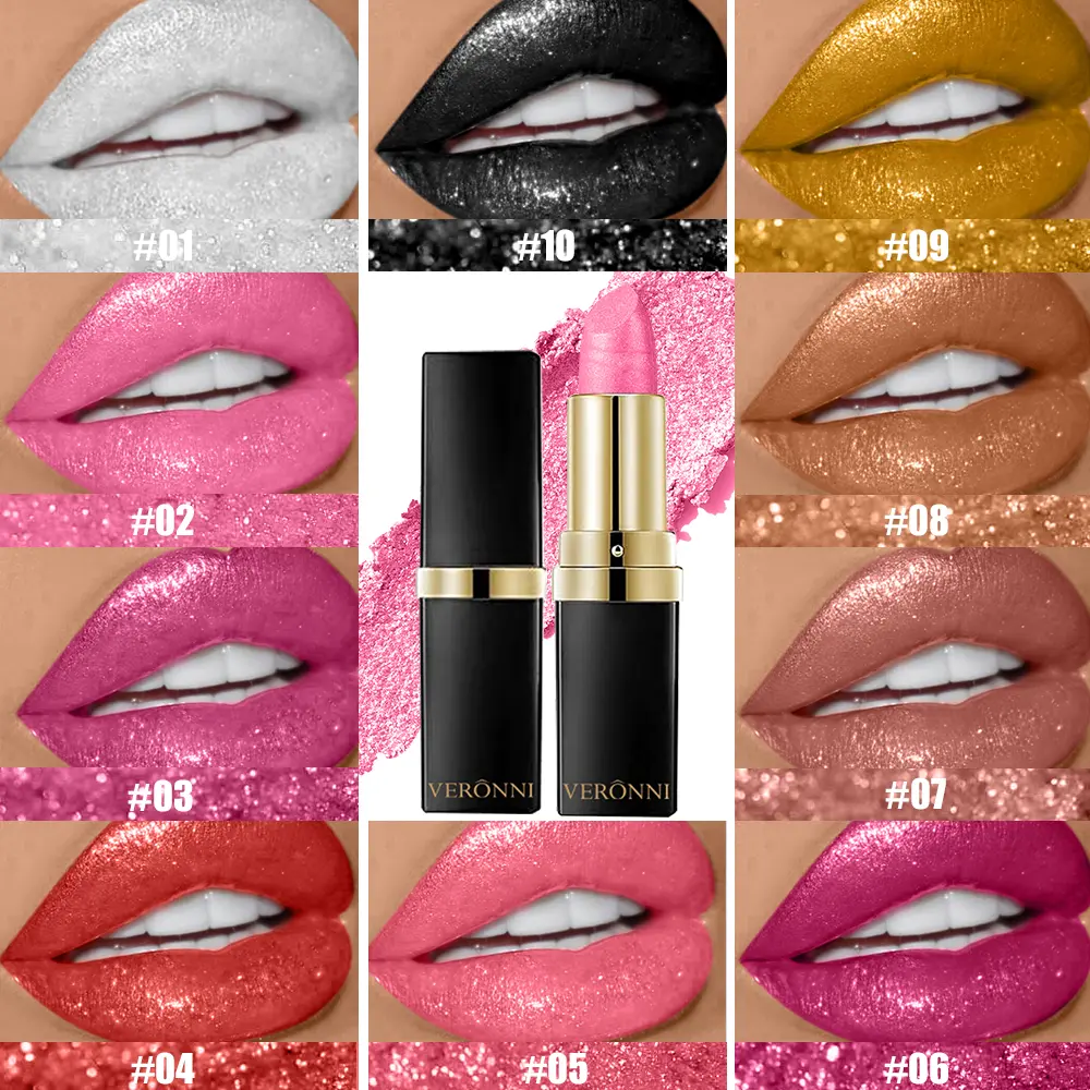 10 Color Glitter Lipsticks Shimmer Shiny Lipgloss Pearlescent Lip Tint Waterproof Long Lasting Diamond Lips Glaze Makeup Cosmeti