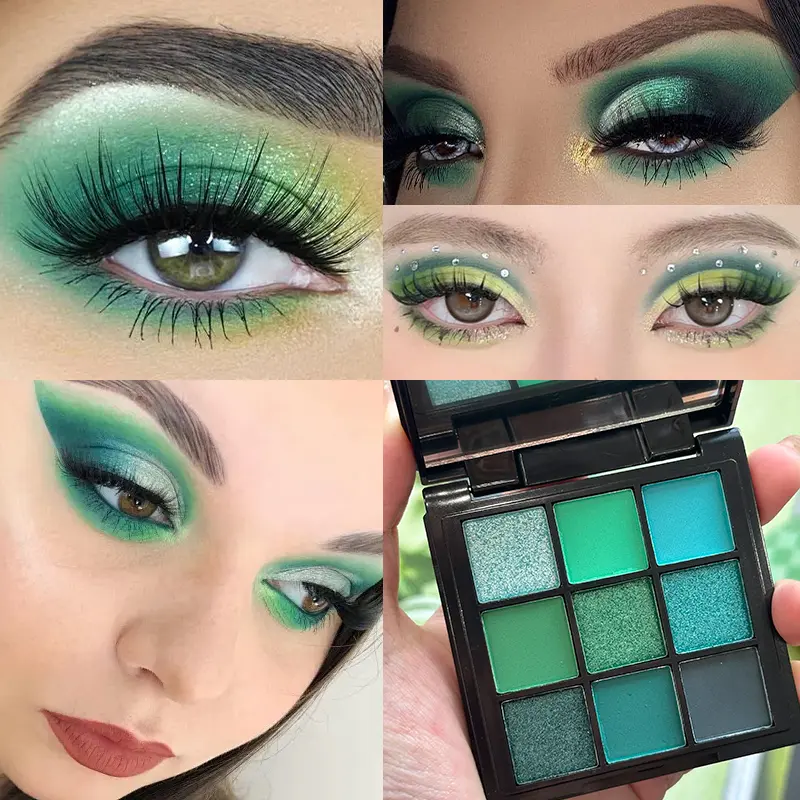 9 Colors Green Peacock Eyeshadow Palette, Pearly Glitter Sequins Finish Green Color Colorful Stage Makeup for For Music Festival