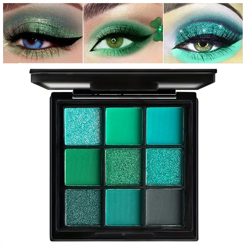 9 Colors Green Peacock Eyeshadow Palette, Pearly Glitter Sequins Finish Green Color Colorful Stage Makeup for For Music Festival