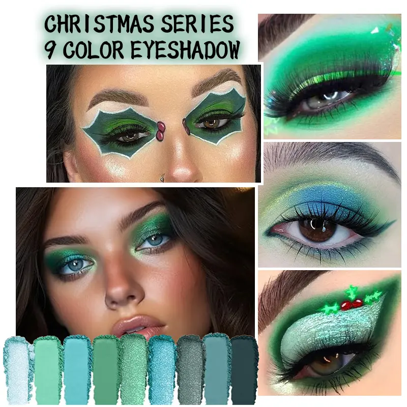 9 Colors Green Peacock Eyeshadow Palette, Pearly Glitter Sequins Finish Green Color Colorful Stage Makeup for For Music Festival