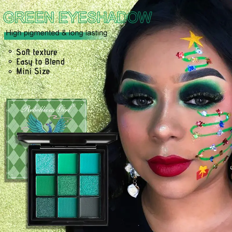 9 Colors Green Peacock Eyeshadow Palette, Pearly Glitter Sequins Finish Green Color Colorful Stage Makeup for For Music Festival