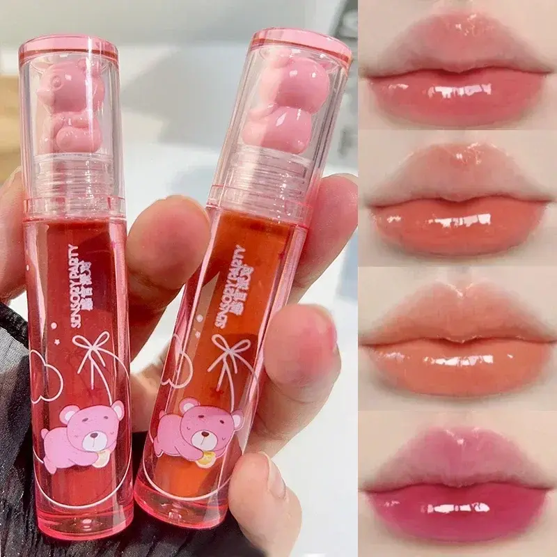 Crystal-frozen Glossy Lip Glaze Cute Bear Lasting Color Non-stick Cup Moisturizing Lip Gloss Mirror Water Liquid Lipstick Makeup