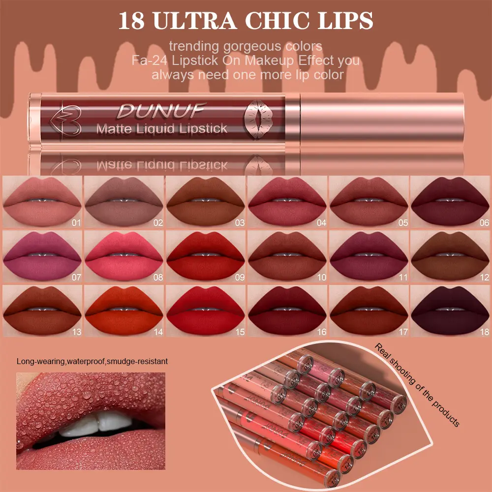 DUNUF 18 Color Matte Velvet Lipstick Waterproof Long-lasting Nude Matte Lip Gloss Clear Moisturizing Lip Oil for Women Makeup
