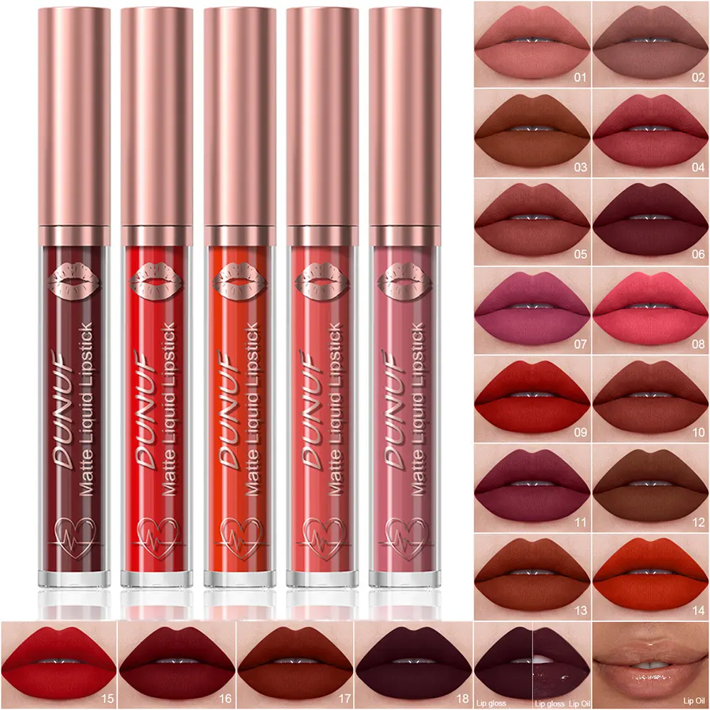 DUNUF 18 Color Matte Velvet Lipstick Waterproof Long-lasting Nude Matte Lip Gloss Clear Moisturizing Lip Oil for Women Makeup