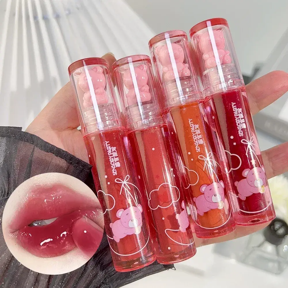 Crystal-frozen Glossy Lip Glaze Cute Bear Lasting Color Non-stick Cup Moisturizing Lip Gloss Mirror Water Liquid Lipstick Makeup