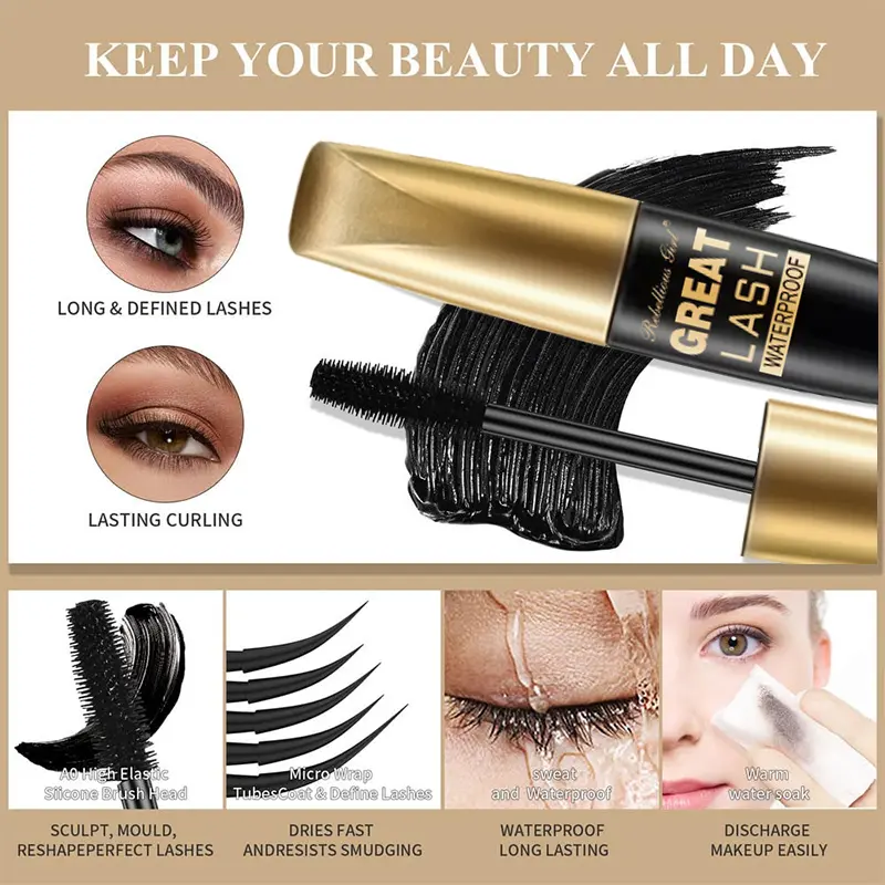 1Pcs Waterproof Silk Fiber 8D Mascara - Volumizing & Curl-Enhancing, Black, Compatible with Lash Extensions for Everyday Glamour