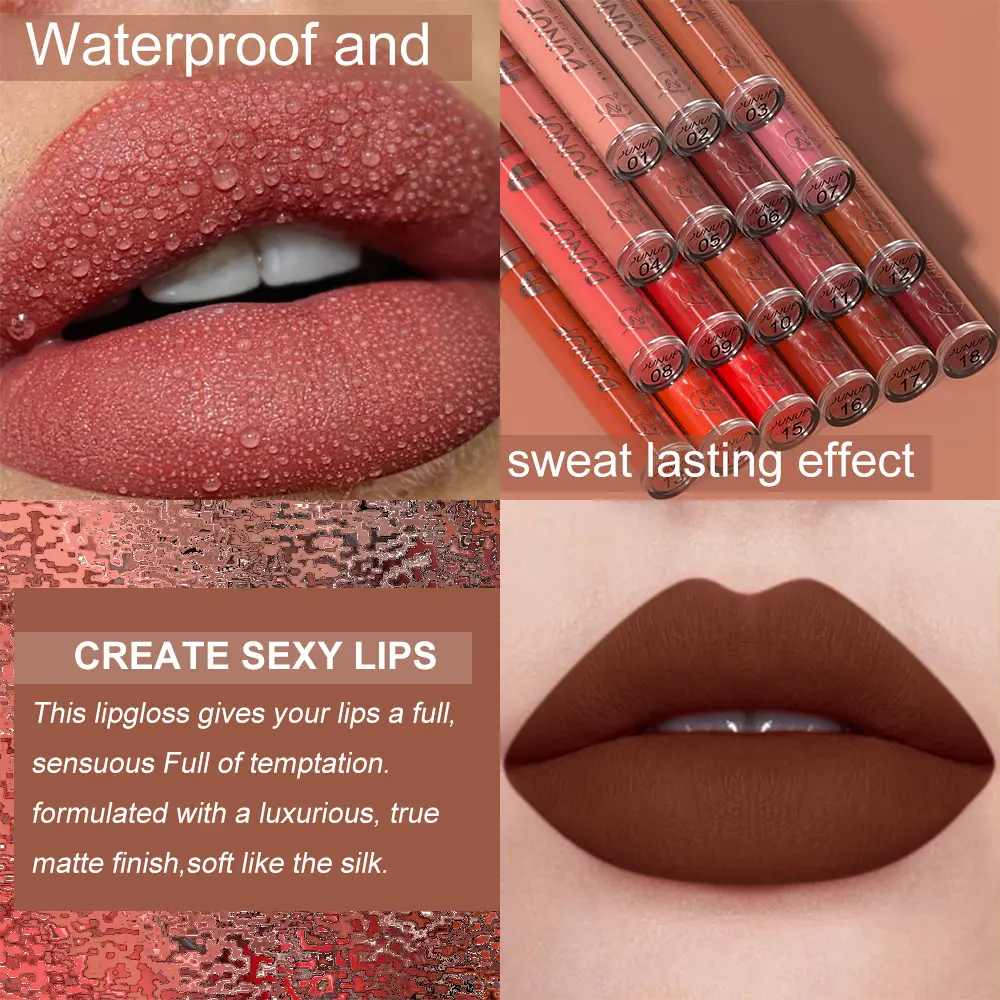 DUNUF 18 Color Matte Velvet Lipstick Waterproof Long-lasting Nude Matte Lip Gloss Clear Moisturizing Lip Oil for Women Makeup