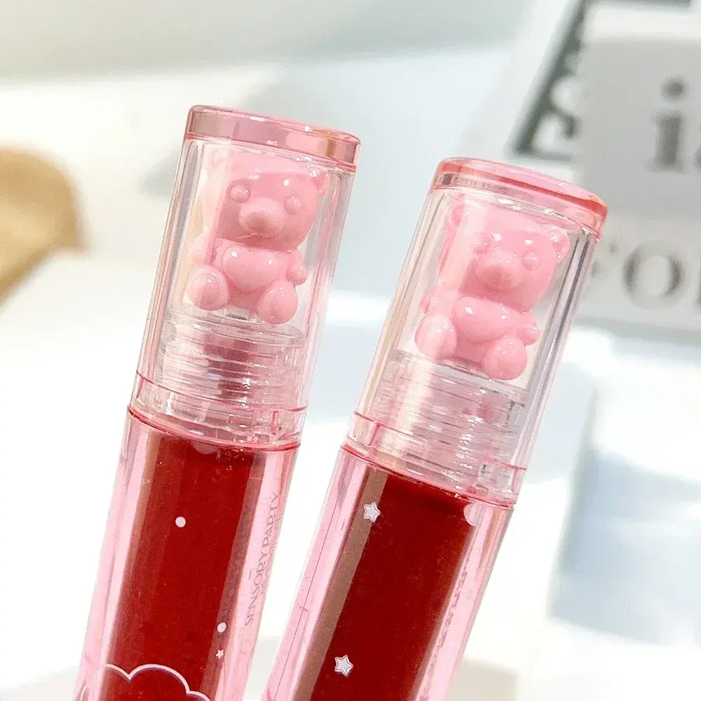 Crystal-frozen Glossy Lip Glaze Cute Bear Lasting Color Non-stick Cup Moisturizing Lip Gloss Mirror Water Liquid Lipstick Makeup