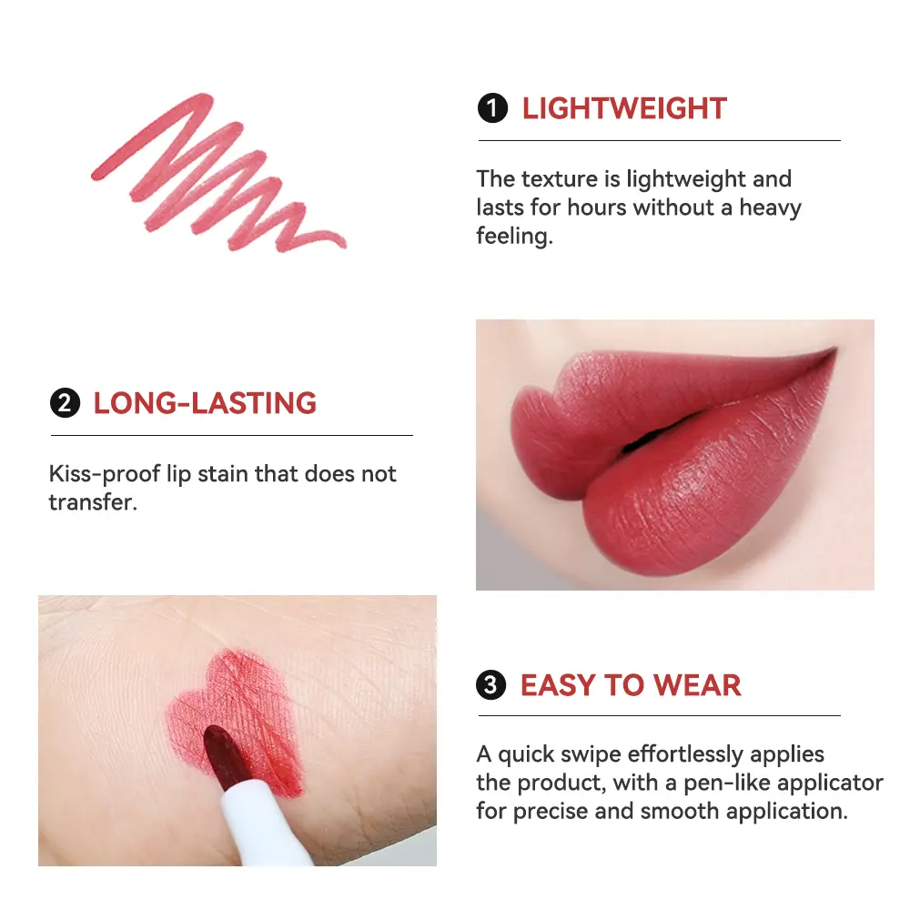 Liquid Lip Stain Pen Long lasting Lip Liner Waterproof Matte Pink Red Contour Tint Lipstick Moisturising Makeup Non-stick Cup