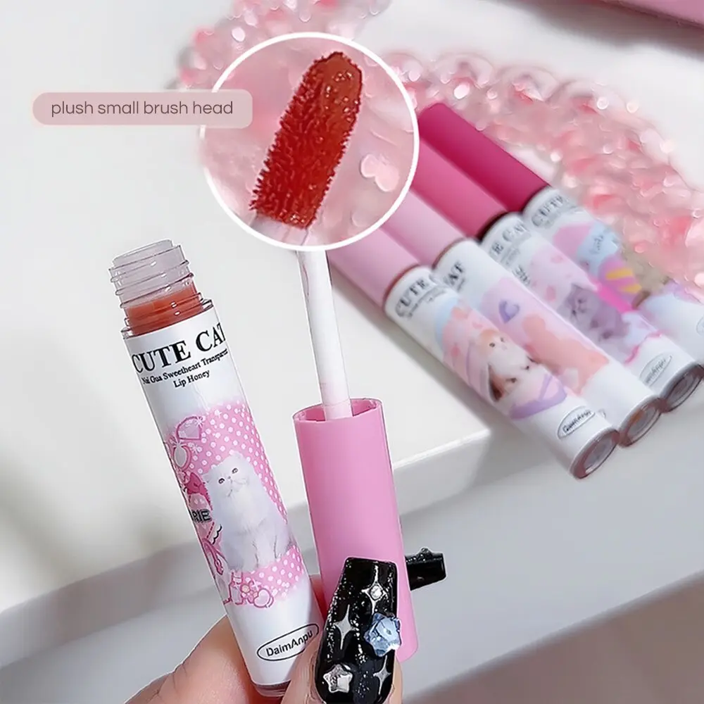 Cute Cat Fun Mirror Lip Glaze Set 6 Colors Highly Pigmented Lip Stain Hydrating Glossy Lip Makeup Perfect Gift