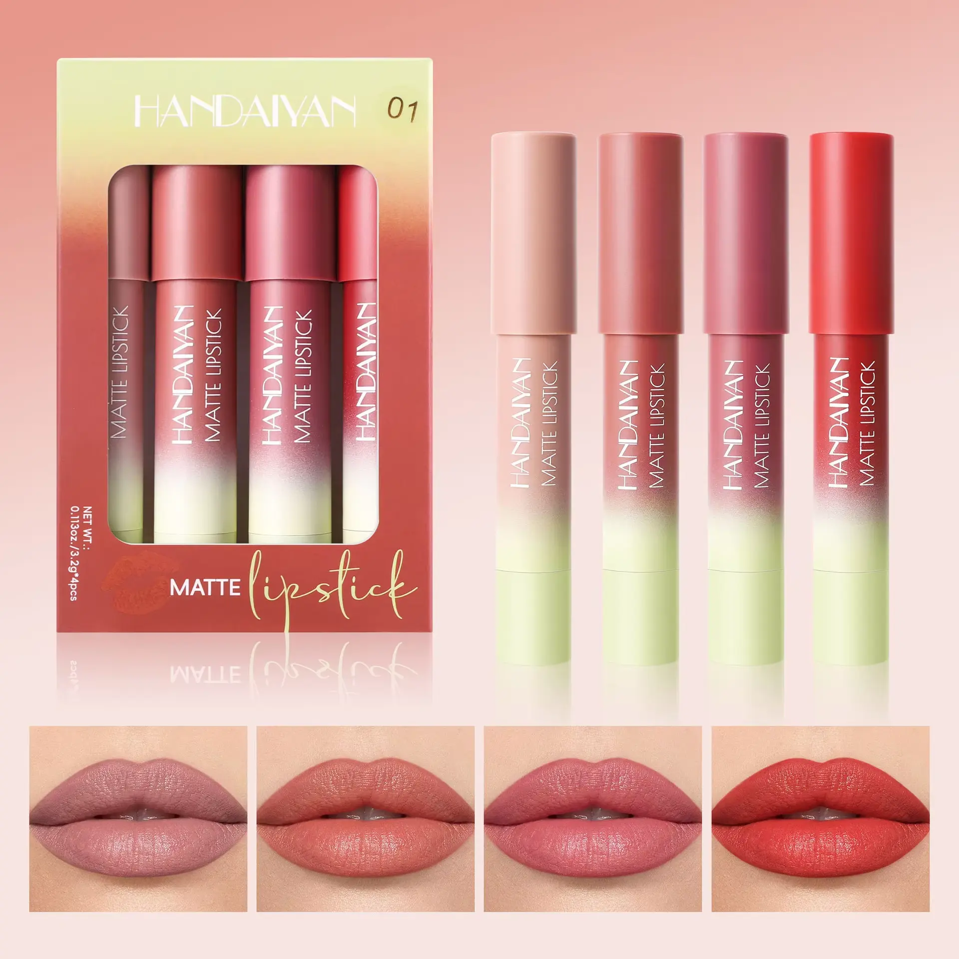 HANDAIYAN 4-Color Matte Finish Lip Liner Set for Highlighting, Locking Color, Shaping Lips, and Waterproofing Set.