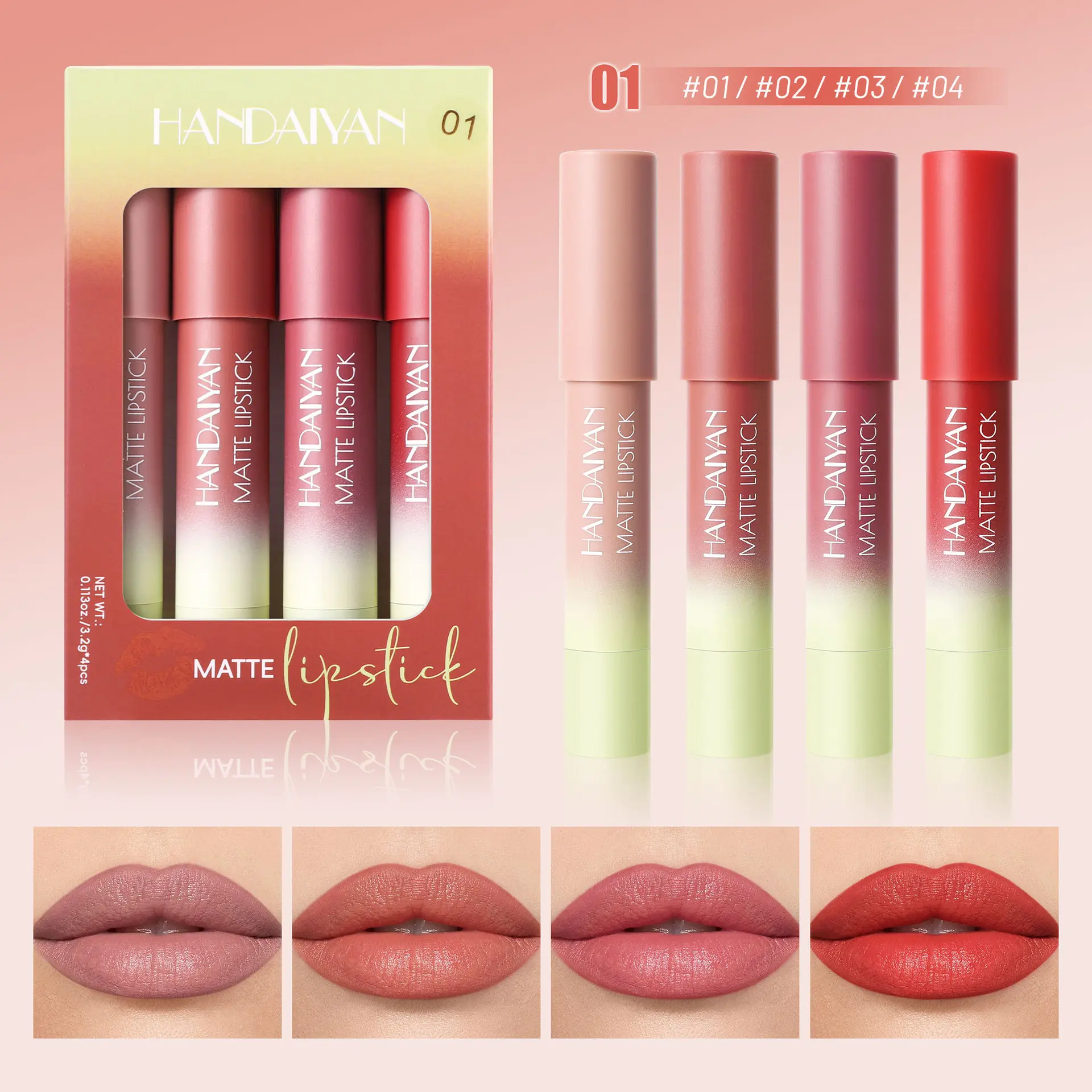HANDAIYAN 4-Color Matte Finish Lip Liner Set for Highlighting, Locking Color, Shaping Lips, and Waterproofing Set.