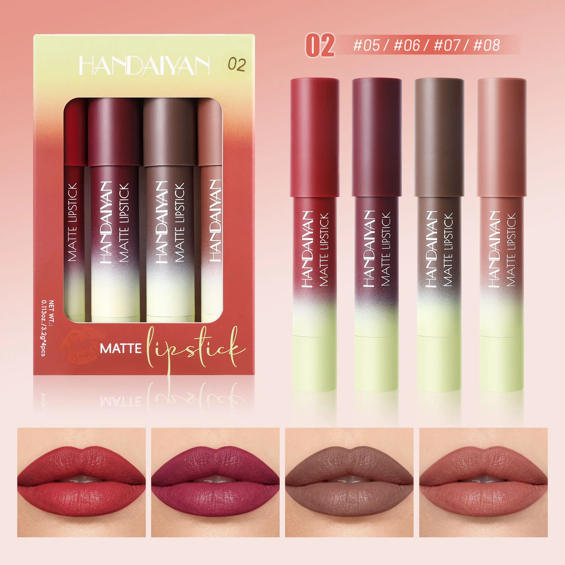 HANDAIYAN 4-Color Matte Finish Lip Liner Set for Highlighting, Locking Color, Shaping Lips, and Waterproofing Set.