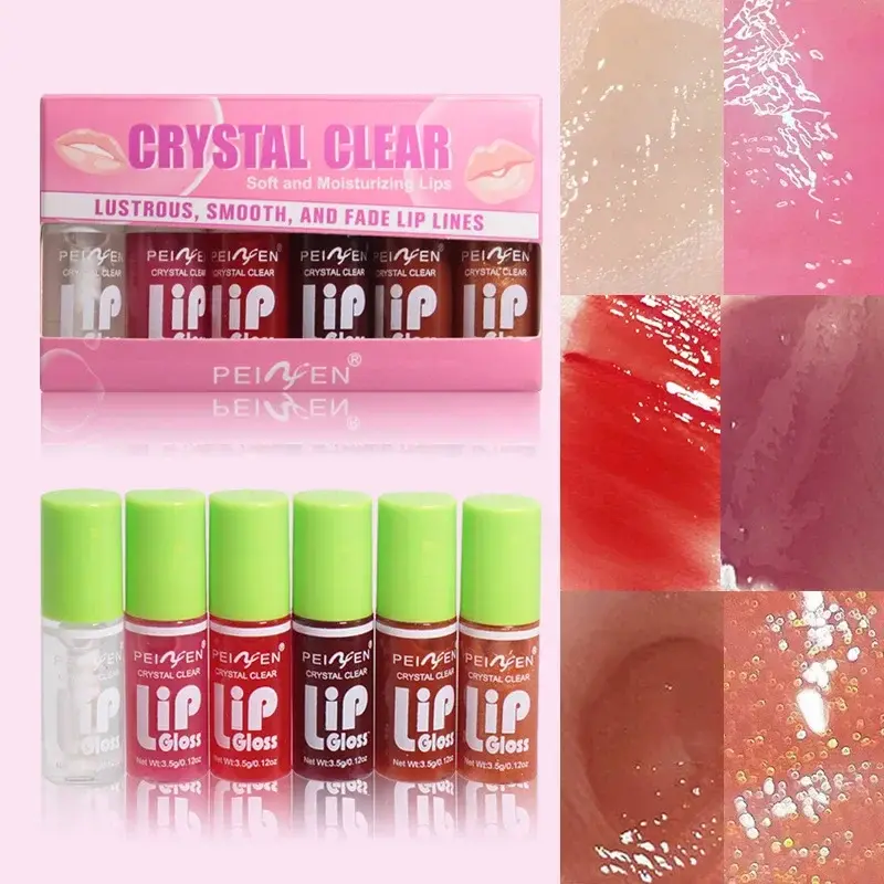 6pcs Crystal Clear Lip Gloss Set Moist Glass Mirror Light Makeup Lip Balm Not Sticky Cherry Peach Color Watery Lipgloss Kit
