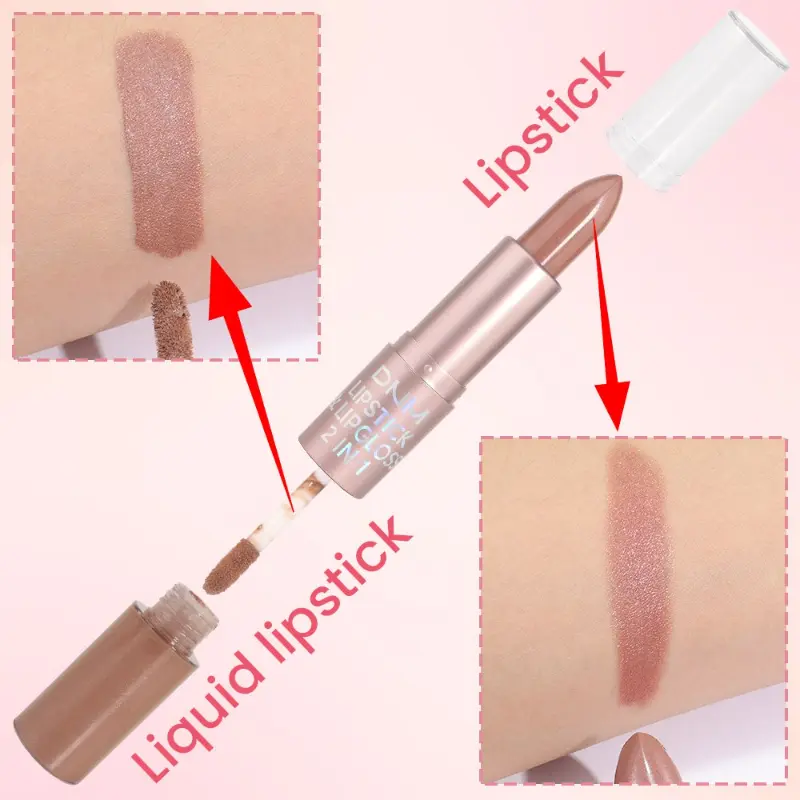 2 IN 1 Lipstick & Lip Gloss Sexy Metallic Pearlescent Color Liquid Lipstick Shimmer Long-lasting Moisturizing Waterproof Makeup