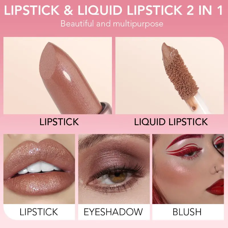 2 IN 1 Lipstick & Lip Gloss Sexy Metallic Pearlescent Color Liquid Lipstick Shimmer Long-lasting Moisturizing Waterproof Makeup