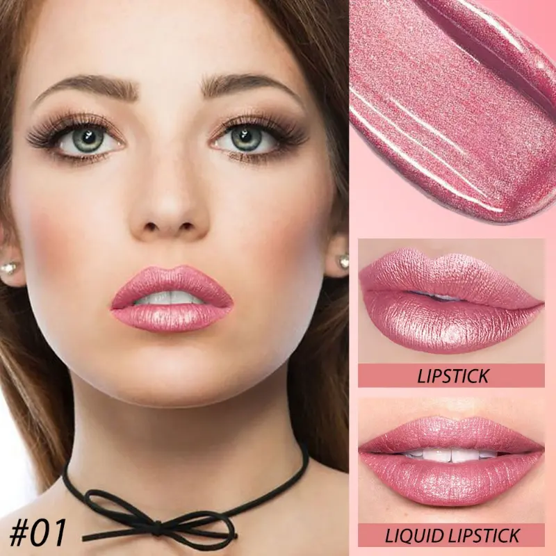 2 IN 1 Lipstick & Lip Gloss Sexy Metallic Pearlescent Color Liquid Lipstick Shimmer Long-lasting Moisturizing Waterproof Makeup