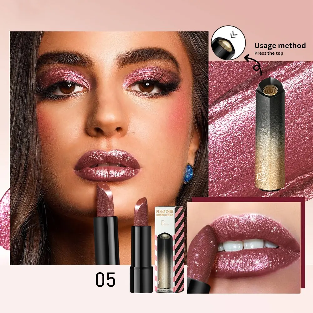 1 PC Glitter Lipstick, a pressable pearlescent lipstick, is very shiny like crushed diamond particles, smooth and long-lasting,