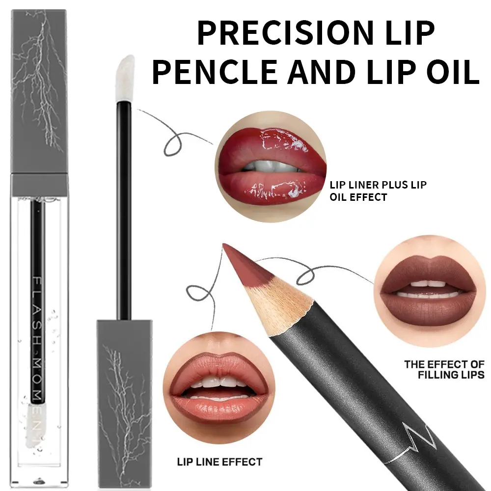 Lip Liner And Lip Oil set, perfectly outline your lips, moisturize your lips with lip oil, lip gloss combination, suitable for d