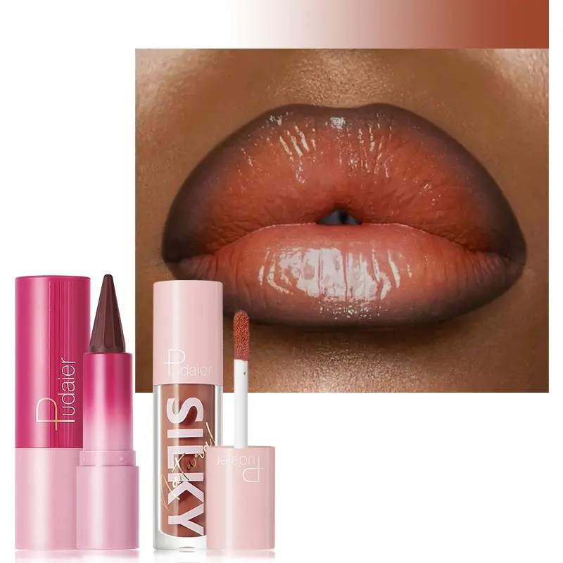 Moisturizing Shimmer Lip Gloss and Dark Brown Lip Liner Combo, Long-Lasting High-Shine Liquid Lipstick with Natural Nude Gloss O