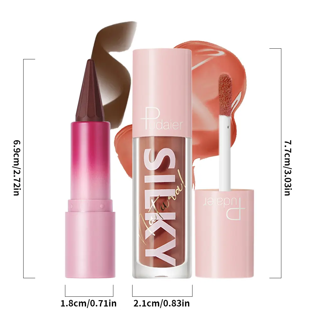 Moisturizing Shimmer Lip Gloss and Dark Brown Lip Liner Combo, Long-Lasting High-Shine Liquid Lipstick with Natural Nude Gloss O