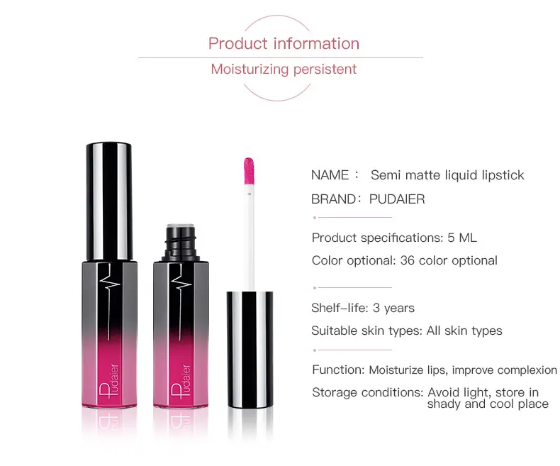 Pudaier Matte Liquid Lipstick Lip Gloss Makeup Lip Sticks Batom Long Lasting Waterproof Lip Tint Pigment 2018 Make Up Cosmetics