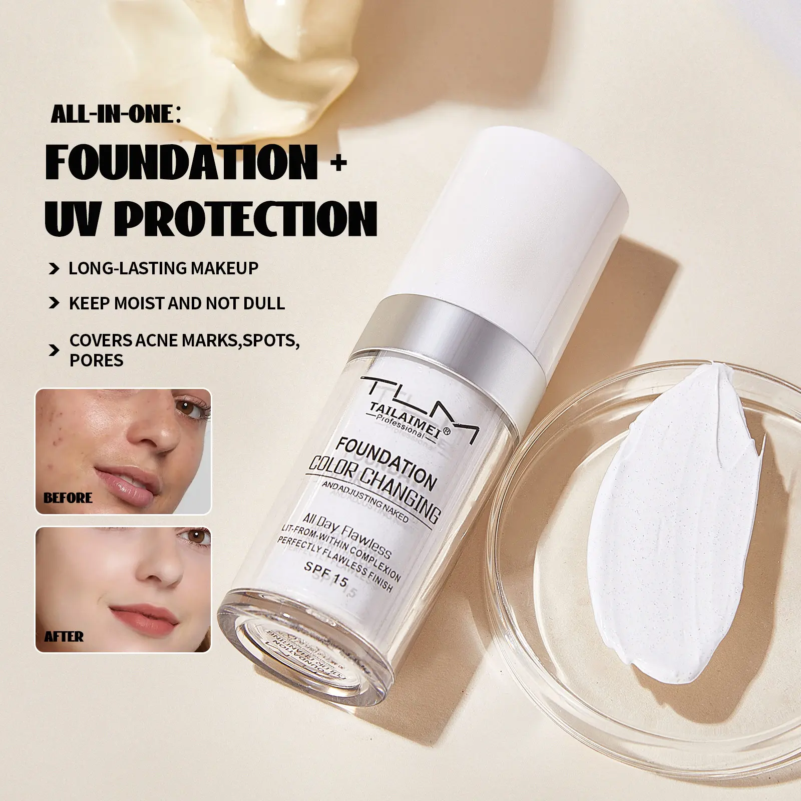 2Pcs Liquid Foundation Color Changing Concealer Waterproof Natural Brighten Skin Tone Face Cosmetics Makeup for Women & Men 30ml