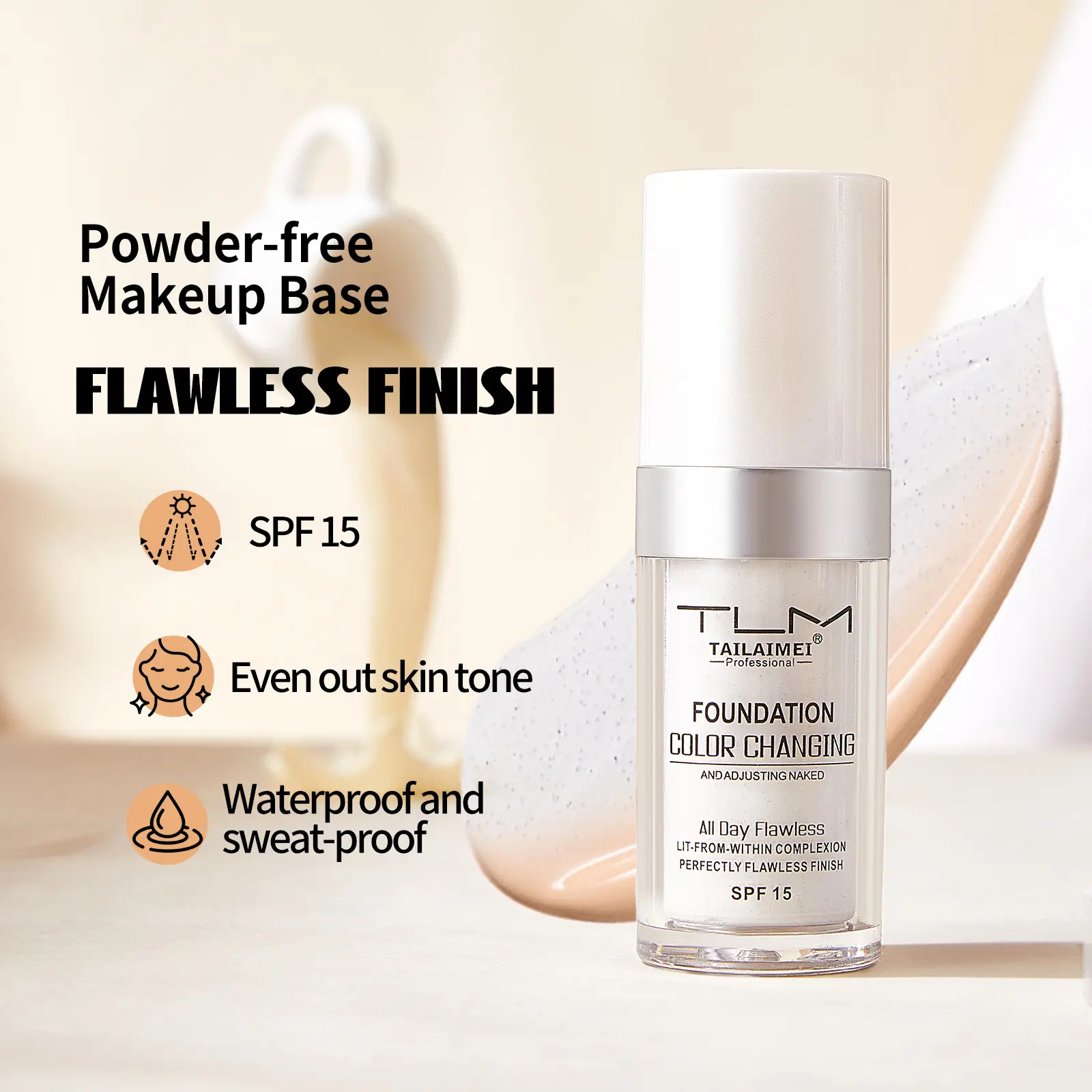 2Pcs Liquid Foundation Color Changing Concealer Waterproof Natural Brighten Skin Tone Face Cosmetics Makeup for Women & Men 30ml