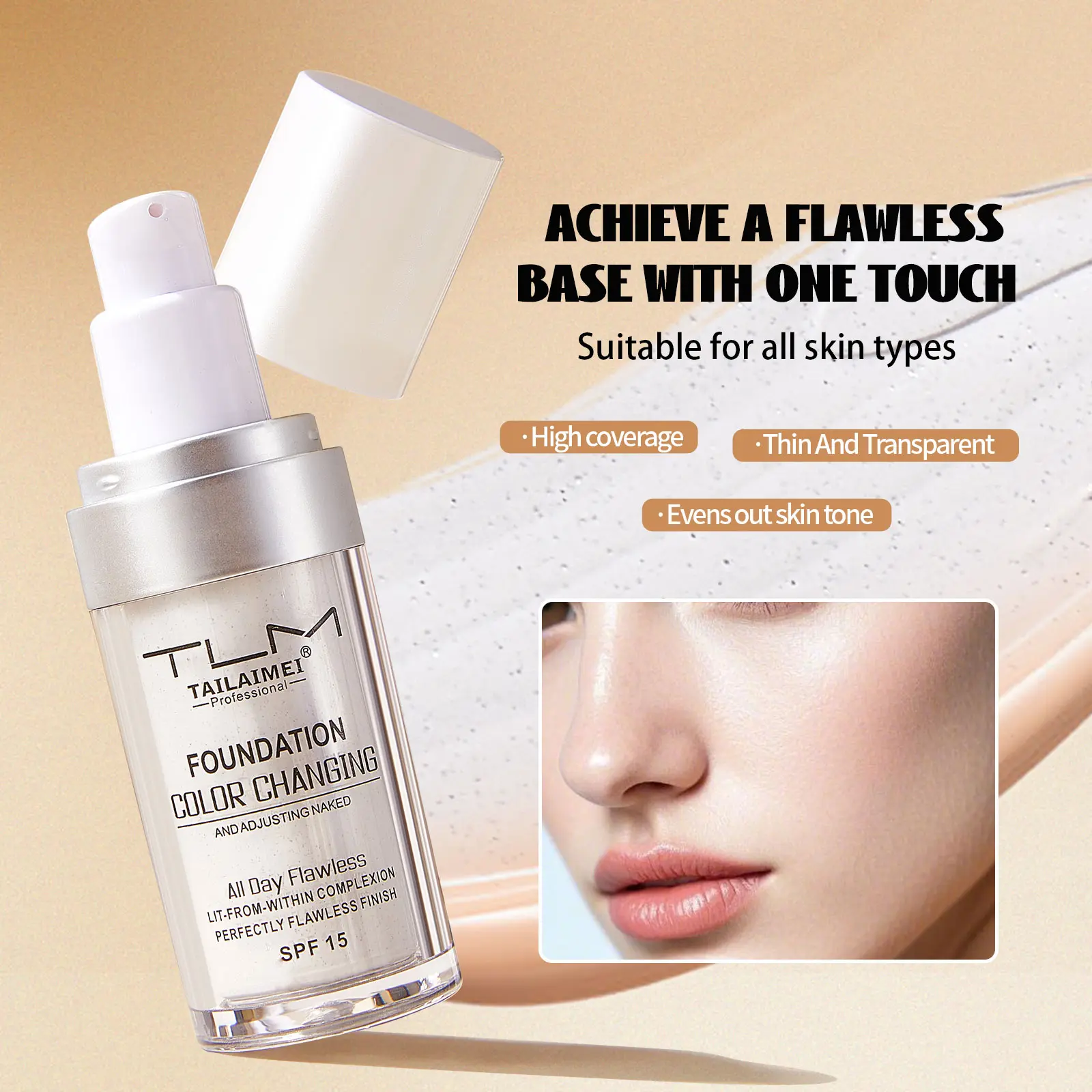 2Pcs Liquid Foundation Color Changing Concealer Waterproof Natural Brighten Skin Tone Face Cosmetics Makeup for Women & Men 30ml