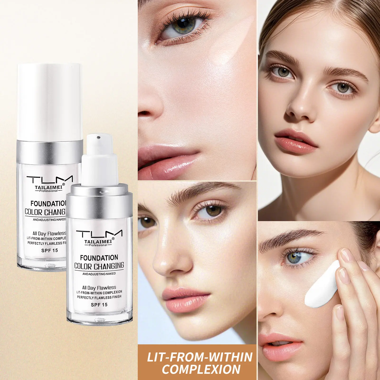 2Pcs Liquid Foundation Color Changing Concealer Waterproof Natural Brighten Skin Tone Face Cosmetics Makeup for Women & Men 30ml