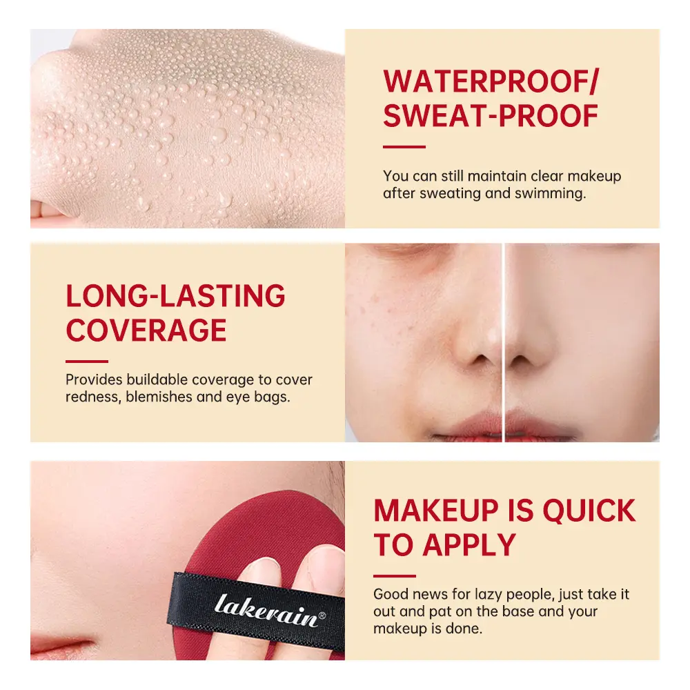 Lakerain Sunscreen Cushion Foundation  Waterproof Long-lasting Brighten Foundation Cream Women Base Makeup Face Korean Cosmetics