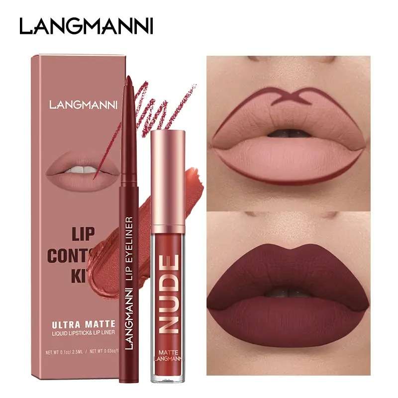 2pcs/set Lip Liner Pencil Nude Lip Gloss Combination Makeup Liquid Lipstick Waterproof Sexy Red Lip Contour Tint Kit Cosmetics