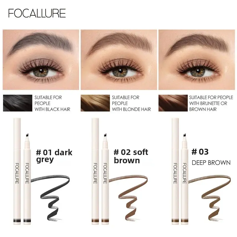 FOCALLURE Wholesale 4 Fork Tip Eyebrow Pencil Cosmetics Long Lasting Natural Dark Brown Liquid Eyebrow Pen Professional Makeup
