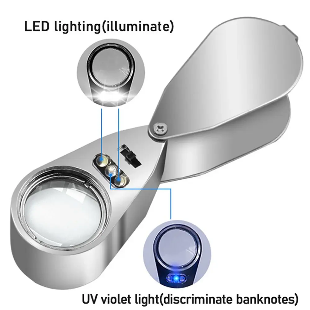 40X Mini Jewelry Magnifying Glass With LED UV Light Foldable Magnifier Portable Handheld Eye Magnifier Glass 25mm Jewelry's Loup