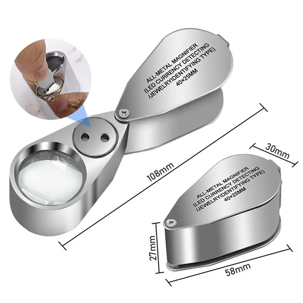 40X Mini Jewelry Magnifying Glass With LED UV Light Foldable Magnifier Portable Handheld Eye Magnifier Glass 25mm Jewelry's Loup